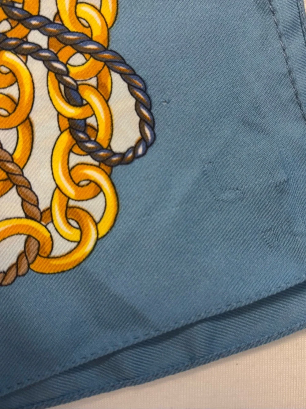 Vintage 90s Gérard L.Y. Paris Silk Scarf Blue Gold Tassel Chain 30x30